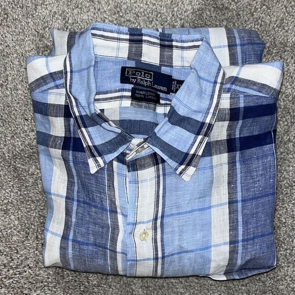 Light Blue 100% Linen Polo by Ralph Lauren LS Marlow Summer Style Shirt XXL spot - Picture 1 of 5